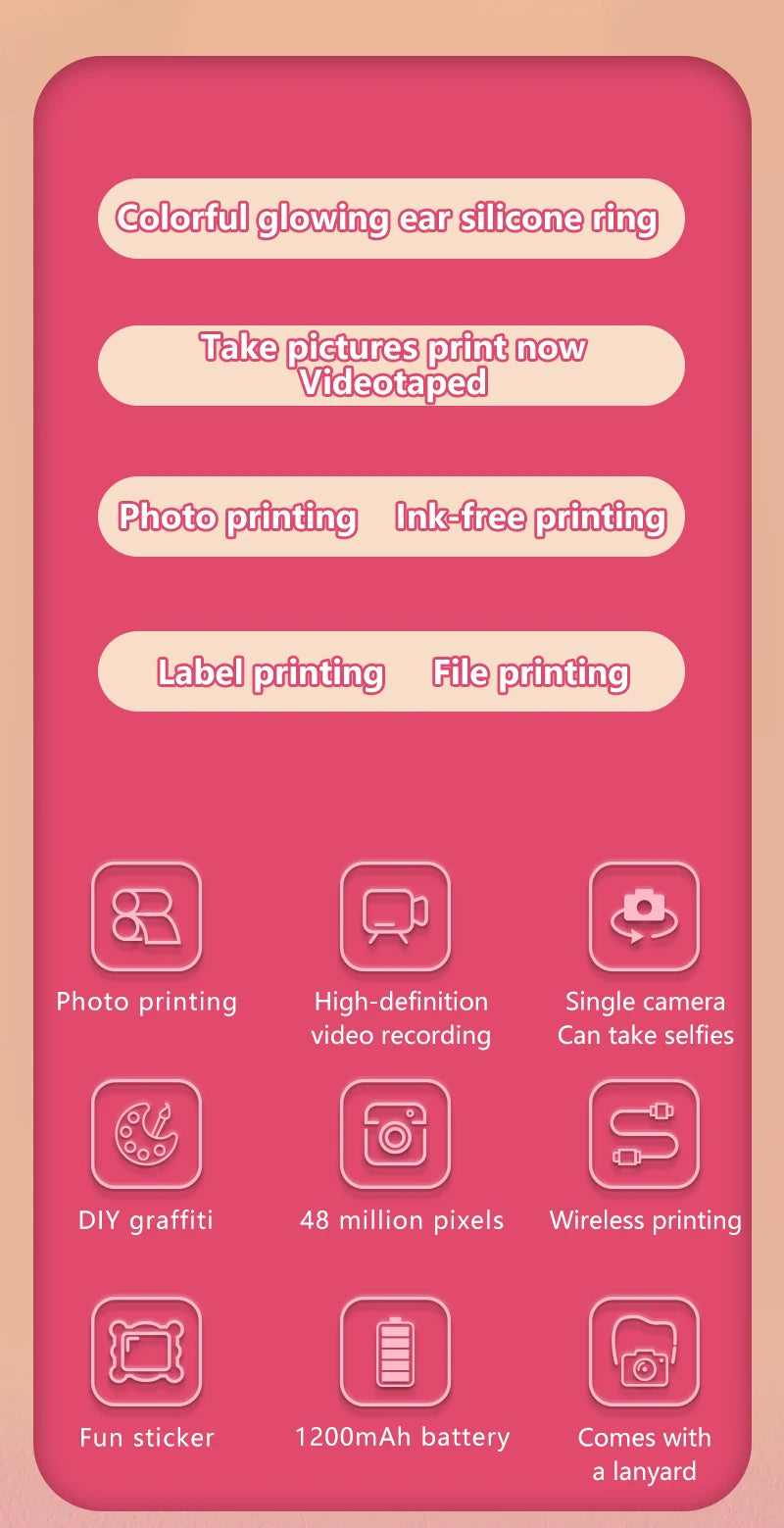 Kids Camera Photo Instant Print Photograph Video Record Wireless Inkless Printer Print Camera For Children Girls Boys Gifts Toys