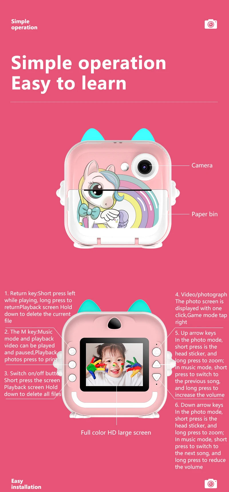 Kids Camera Photo Instant Print Photograph Video Record Wireless Inkless Printer Print Camera For Children Girls Boys Gifts Toys