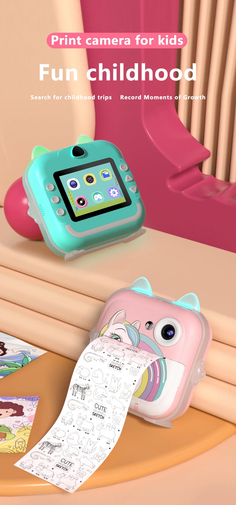 Kids Camera Photo Instant Print Photograph Video Record Wireless Inkless Printer Print Camera For Children Girls Boys Gifts Toys