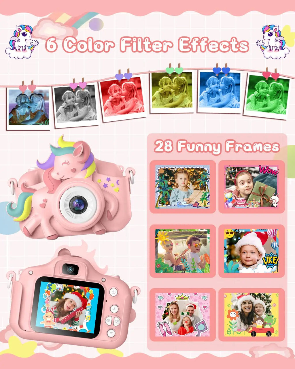 2.0" Kid's Camera 20MP 1080P HD Toddle Selfie Camera Cute Cartoon Digital Cmaera Toy With 32GB Card Gift For Girls & Boys