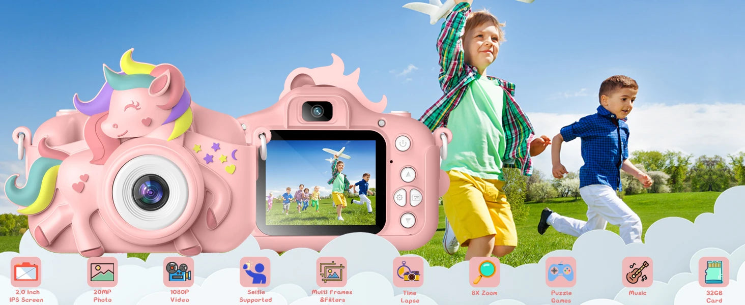 2.0" Kid's Camera 20MP 1080P HD Toddle Selfie Camera Cute Cartoon Digital Cmaera Toy With 32GB Card Gift For Girls & Boys